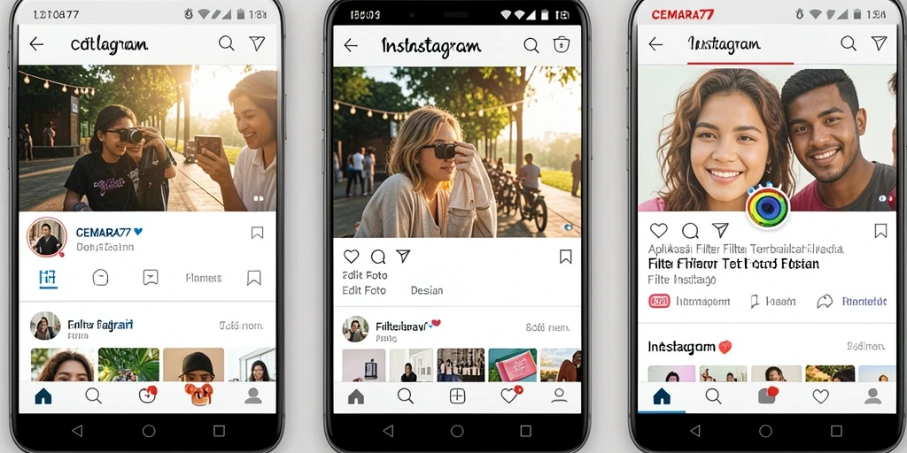 Tampilan antarmuka aplikasi CEMARA77 dengan berbagai pilihan filter Instagram.