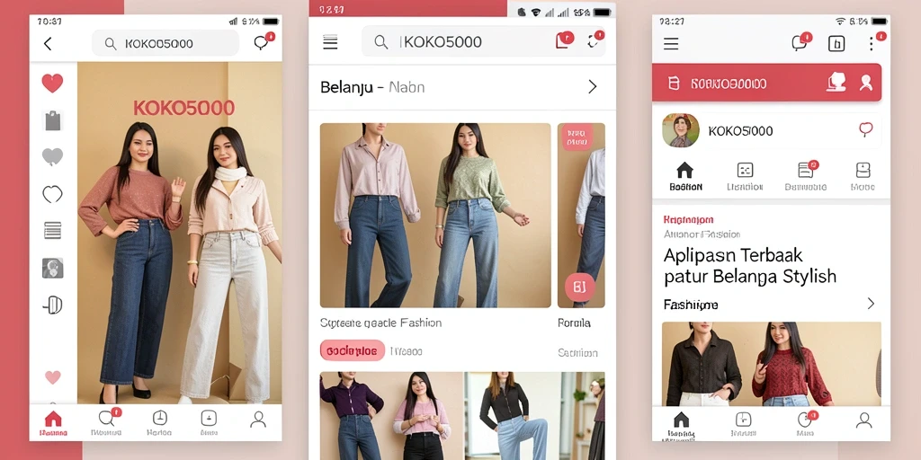 Antarmuka aplikasi KOKO5000 yang modern dan menarik untuk belanja fashion.