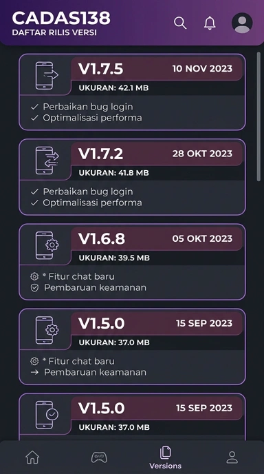 Tampilan riwayat versi cadas138